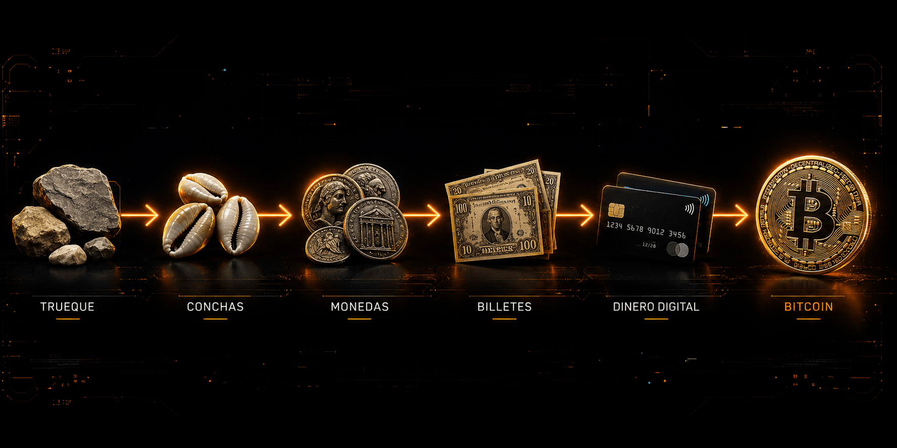 Ilustracion educativa sobre la evolucion del dinero hacia Bitcoin