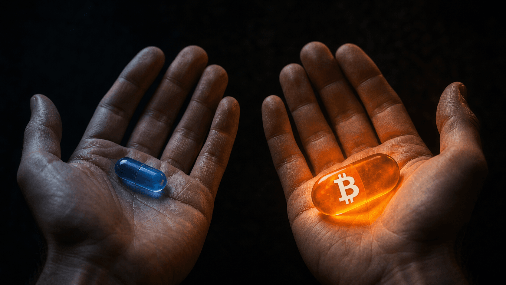 Dos manos abiertas sostienen una pastilla azul y una pastilla naranja con el símbolo de Bitcoin, como metáfora de elegir entender el dinero